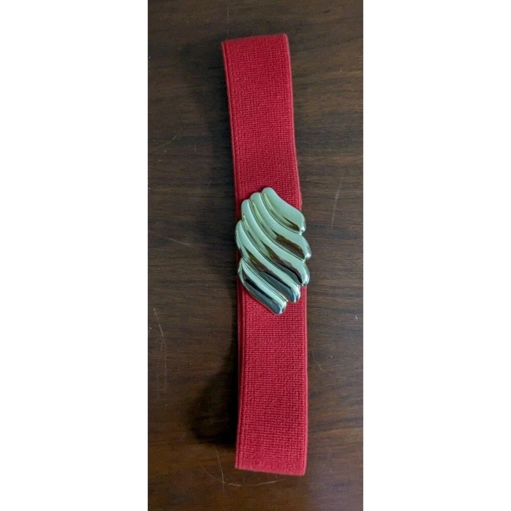 Vintage 80s Red Elastic Statement Belt Goldtone Shiny Shell Buckle Wide Stretch